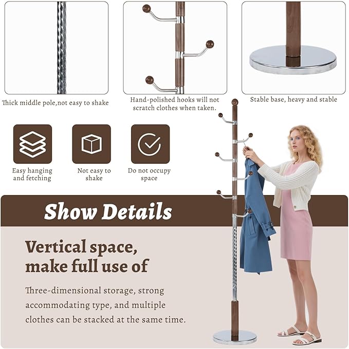 Wooden Coat Rack Freestanding with Resin Hooks, Adjustable Heavy Duty Stand for Hanging Coats, Bags, Hats, and Umbrellas in Living Room, Bedroom, Entryway (Cherry color-metal)