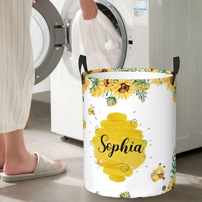 Personalized Laundry Basket for Nursery, Custom Nursery Laundry Hamper with Name, Customize Baby Clothes Circular Hamper for Boys Girls Room Decor, Bee