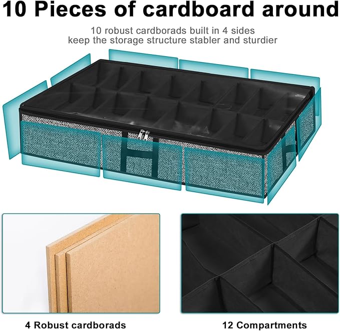 Under Bed Shoe Storage Organizer for Closet 2 Pack Fits 32 Pairs Underbed Shoes Container Boxes with Sturdy H-Handles, Foldable Shoe Rack Holder,Black