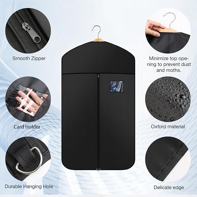 Premium Oxford Fabric Garment Bag Hanging Clothes Travel Suit Bag with Clear Window for Suits, Coats, T-Shirts, Jackets. (Black, 40-inch-4 packs)