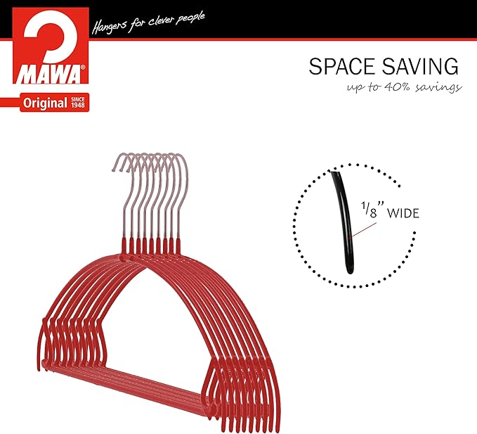 Mawa by Reston Lloyd Euro Ultra Light/Thin Series, Non-Slip Space Saving Clothes Hanger with Bar & Hook for Pants and Skirts, Style 42/PTU, Set of 10, Red