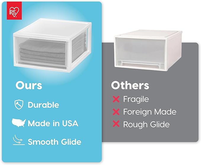 IRIS USA 30 Qt. Plastic Drawer Storage Organizer Stacking Drawers, 2-Pack, Stackable Unit with Sliding Drawer for Clothes Bedroom Kitchen Under Sink Pantry Craft Room Bathroom Dorm Office, White