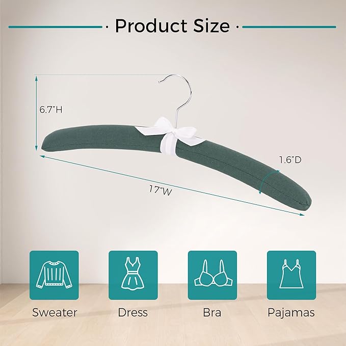 JS HANGER Padded Hangers - 17 Inch Extra Large Heavy Duty Canvas Covered Coat Hangers No Shoulder Bump for Women Clothes, Sweaters, Dresses, Clothing, Weddings, Lingerie Pack of 10, Dark Green
