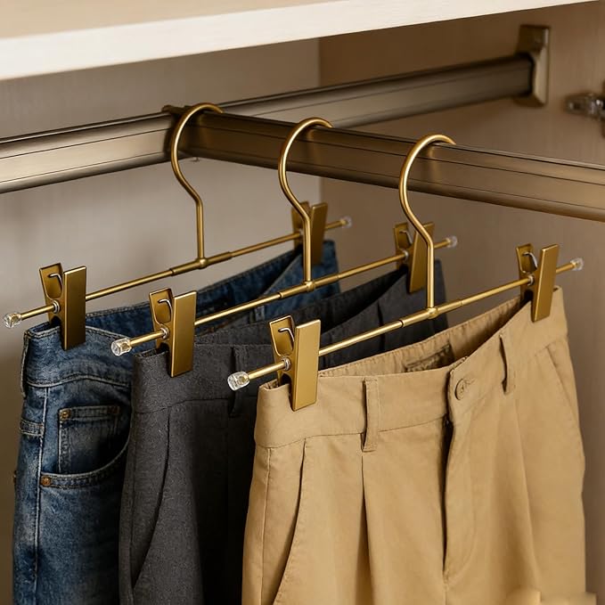 11.8" Gold Matt Aluminium Metal Bottom Clips Pants Trousers Clothes Hangers,10 Pack Heavy Duty Space Saving Durable Adjustable Clips Legging Organizer,Toddler Infant Hangers Shirts Newborn