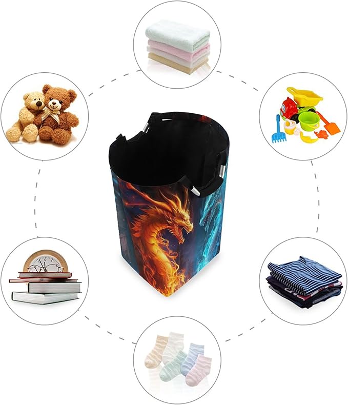 xigua Fire and Ice Dragon Large Laundry Hamper with Handle, Foldable Clothes Hamper Collapsible Storage Basket for Toys and Clothes Organization in Bedroom, Bathroom, and Laundry Room