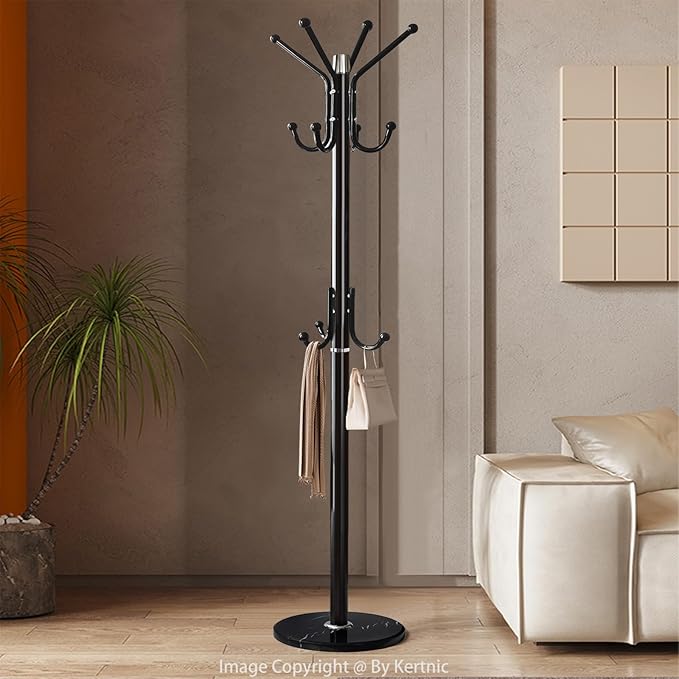 Kertnic Modern Coat Rack Freestanding with Natural Marble Base & Sturdy Metal Frame, 11 Hooks Hall Tree for Jackets, Hats, Bags, Entryway Organizer for Bedroom, Living Room, Closet (11 hooks-Black)