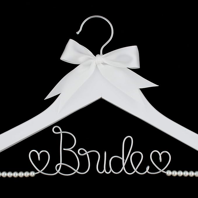 Bride to Be Wedding Dress Hanger Wooden and Wire Hangers for Brides Gowns, Dresses (White with Silver Wire and Strand Pearls)