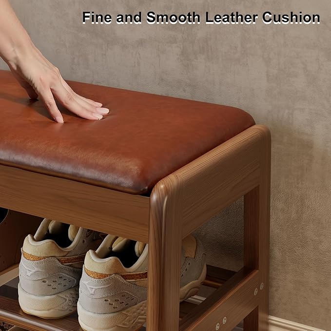 AQIMUELE Shoe Rack Bench,2 Tiers Shoe Bench with Storage with Flip-Top,Wood Shoe Rack for Entryway,Hallway（Orange Upholstered Seat）