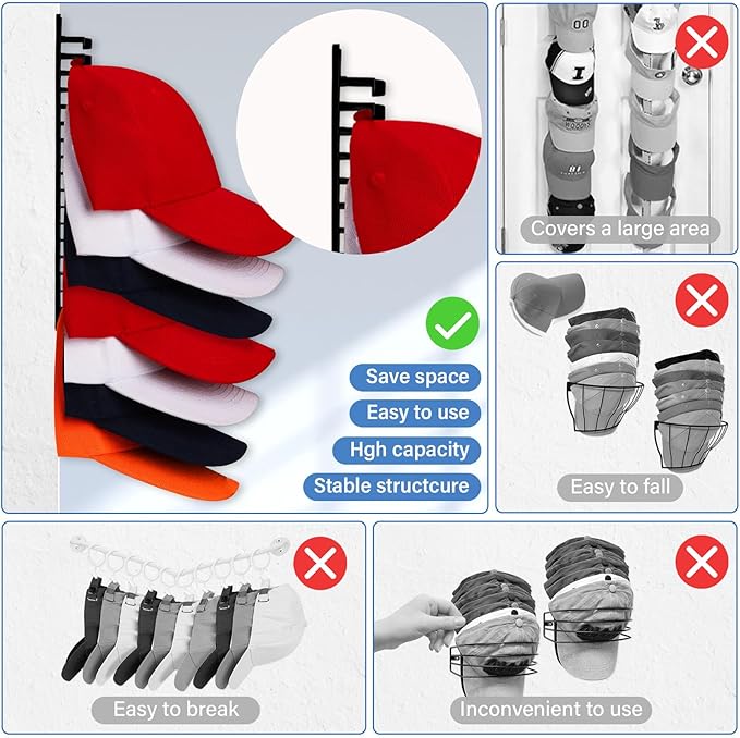 Hat Rack for Wall, 2 Packs Hat Organizer for Baseball Caps Adhesive Hat Hooks Hold Up to 32 hats, Hat Storage Display Hat Hanger Holder for Door Closet, Patent Pending