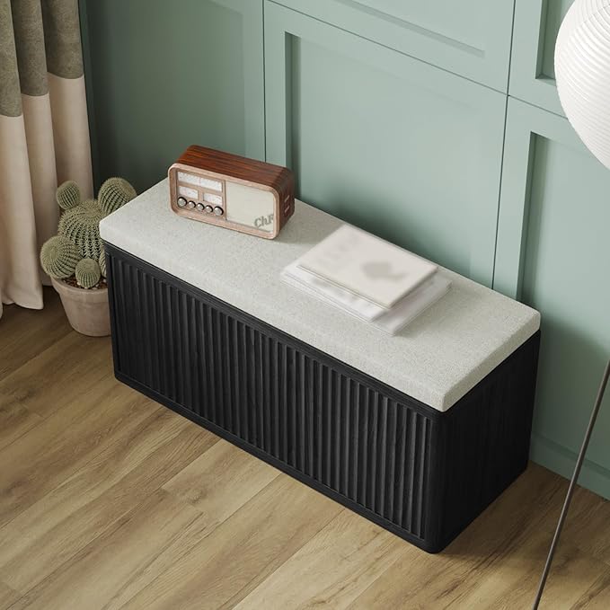 Double Layered Shoe Cabinet with Bench,Wooden Shoe Bench with Soft Cushion,Double Door without Handle Pressing Spring,Fluted Panel,Suitable for Entrance,Corridor and Living Room (Shoe Bench-Black)