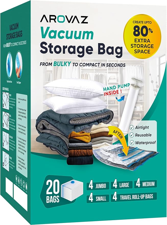 20 Pack Vacuum Storage Bags, Plastic Space Saver Seal Bags (4 Jumbo/4 Large/4 Medium/4 Small/4 Roll) Compression for Clothes, Mattress, Blankets and Bedding Storage, Hand Pump Included