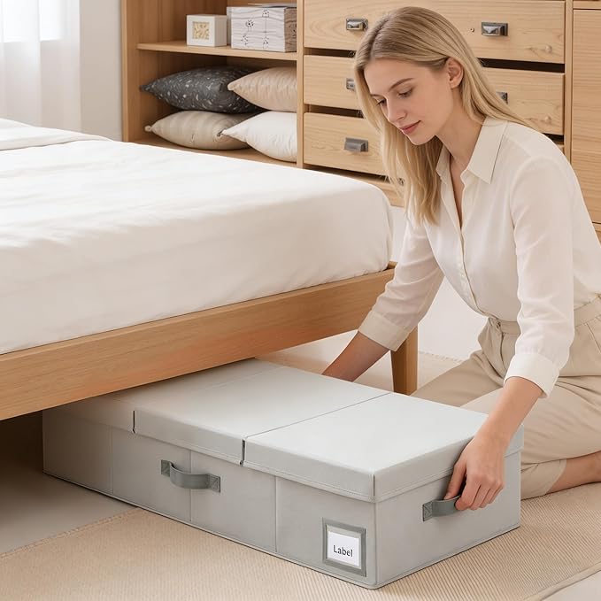 Cupic Cupid 6.5" Foldable Underbed Storage Box with Lid, 58L Standard Under Bed Storage Containers with Reinforced Bottom for Bedroom Closet Organization, Sturdy Clothes & Shoe Organizer,2 Pack,Grey