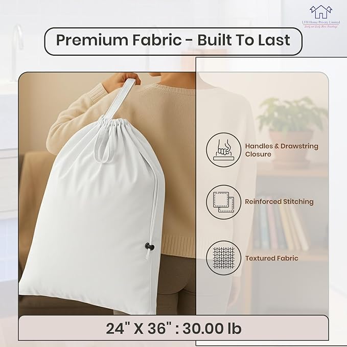 LFH Home Cotton Canvas Large Laundry Bag with Handle, Heavy Duty Drawstring Closure Washable Laundry Bags, School Travel, Home, Hotel, College Dorm, Organizer Sack, Toy Clothes 24x36 (Pack of 2)-White