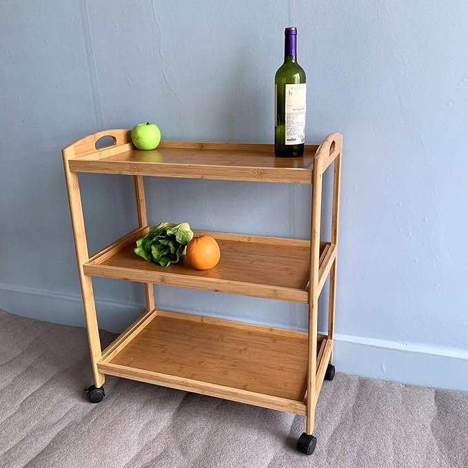 Bamboo Kitchen Storage Rolling Shelf with Wheels, 3 Tier Island Bar Cart, Microwave Oven Serving Organizer for Home, Dining Room, Laundry Room with Lockable Castors