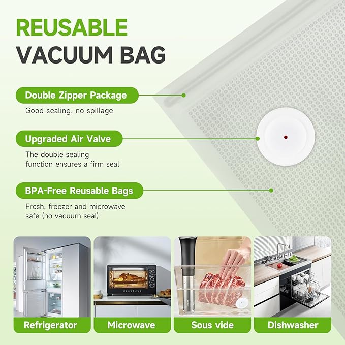 Vacuum Sealer Bags, 30 Reusable Vacuum Sealer Bags for Food, BPA-Free, Meal Prep and Sous Vide Cooking,Works for Handheld Sealer and Vac Sealer Machine with External Vacuum Systems