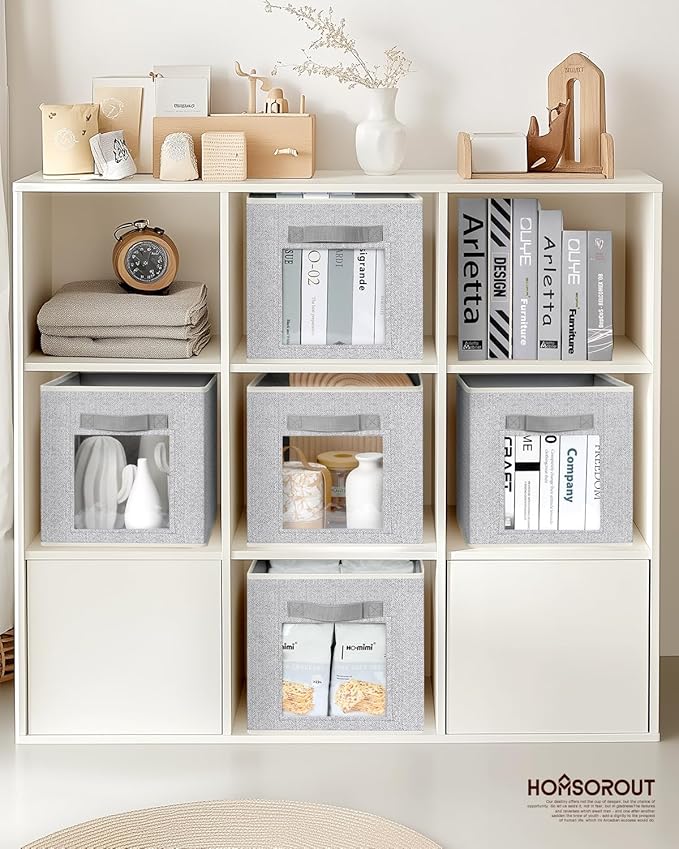 Linen Closet Organizers and Storage - 6 Pack Cube Storage Bins with Handle, Fabric Storage Bins for Shelves, 11 inch Bins for Organization, Cubes Organizer for Home, Blended
