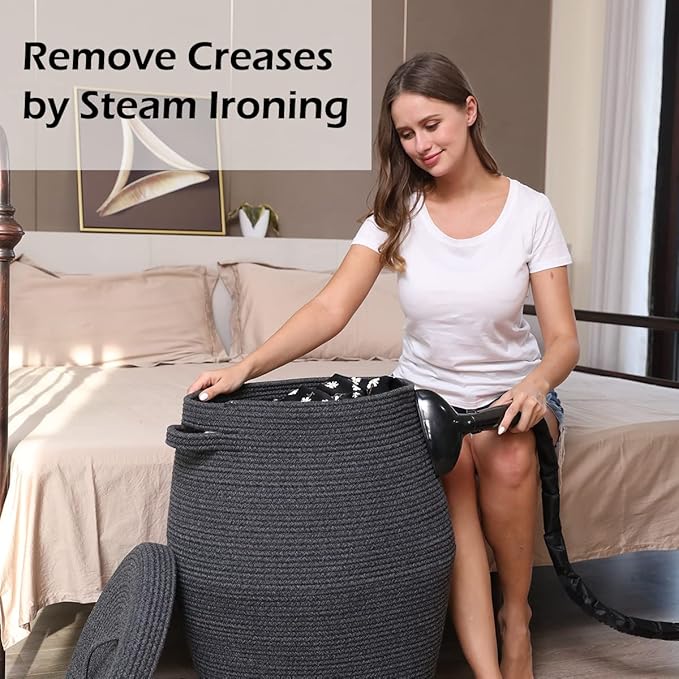 26" x 20" Handcrafted Tall Cotton Rope Basket with Lid, Stylish Flagon Shape with Cover, Clothes Hamper with Top, for Bedroom and Living Room, All Grey Black Mix