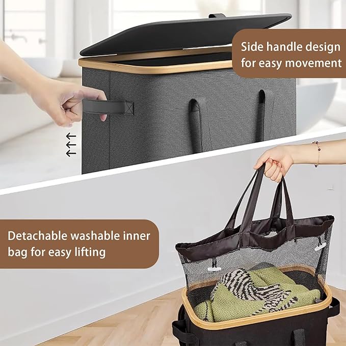 Large Laundry Basket with Wheels - 100L Rolling Laundry Hamper with Lid and Removable Bag - Portable Clothes Hamper for Bedroom Aesthetic - Great for Bathroom, Dorm & Laundry Room (Gray)