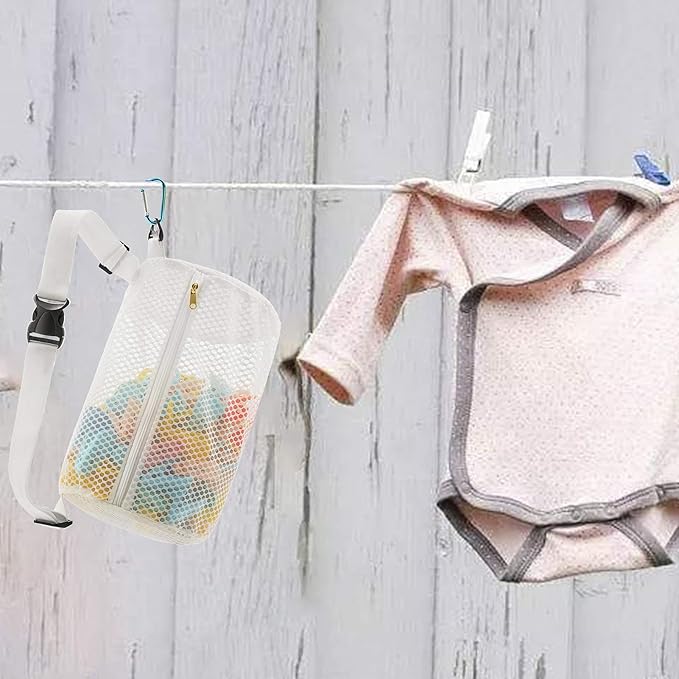 Honeycomb Mesh Zippered Clothespin Bag for clothesline, Waist Pack Many Ways to Wear, Breathable Fabric, Large Opening, Large-Capacity, Hanging Clothespin Holder Bag Storage Organizer with Hooks
