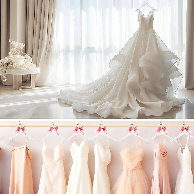 Bride Bridal Bridesmaid Hanger with Maid of Honor White Wooden Wedding Dress Hanger with White Bow and Pink Blue Bow for Bridal Party Shower Wedding Gift(Pink)