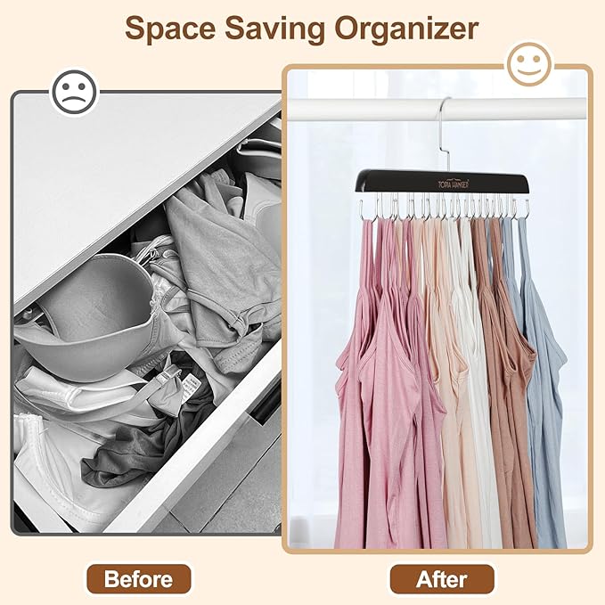 TOPIA HANGER Bra Hanger for Closet, Tank Top Hangers 20 Hooks Capacity Foldable Wood Space Saving Hangers Closet Organizer for Tank Top, Bra, Scarf, Belt, Tie etc - CT46B