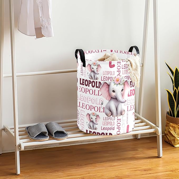 Large Custom Name Laundry Hamper, Elephant Personalized Dirty Clothes Hamper Storage Basket with Name for Bathroom Bedrooms, Customized Name Circular Hamper with Handles for Baby Boys Girls Men Women