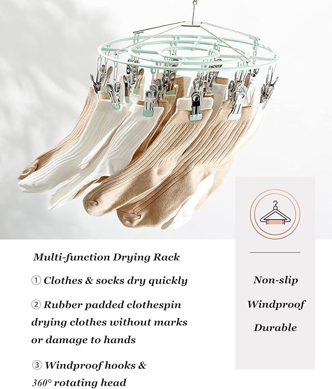 Stainless Steel Clothes Sock Drying Rack with 24 Clips, Swivel Hook Windproof Clothes Hanger Rack for Sock, Bras, Towel, Underwear, Hat, Scarf, Gloves, Pants Laundry Clothes (Green Clips)