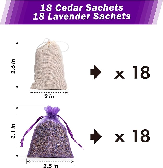 Pack of 36 Cedar Chips and Lavender Sachets (18 Lavender, 18 Cedar) - Home Fragrance Sachet for Drawers and Closets, LV-F-LC-2