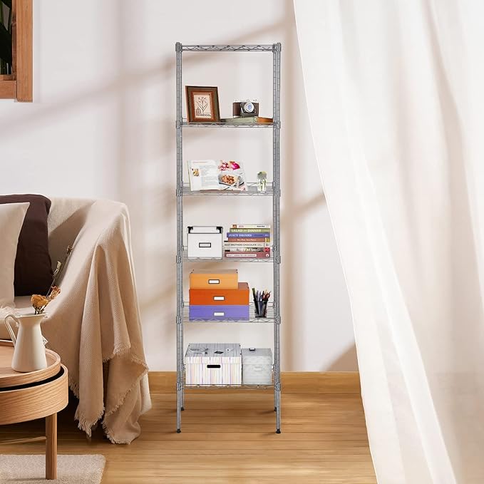 6-Tier Metal Shelving Unit, Adjustable Wire Shelf Storage Rack for Pantry, Closet, Kitchen, Bathroom, Laundry Room – Heavy Duty Storage Shelves Organizer, Narrow Space-Saving Standing Shelf (Chrome)