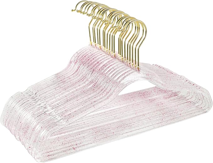 Clear Plastic Hangers 20-Pack - Non-Slip, Lightweight, Space-Saving Coat and Clothes Hangers with Red Glitter for Weddings and Closet Organization.