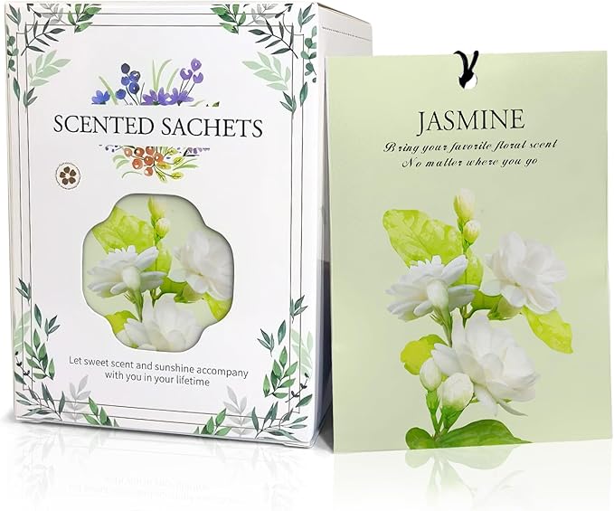 Jasmine Scented Sachet Bags - 12 Pack Closet & Drawer Freshener, Long Lasting Odor Eliminator for Wardrobes, Cars & Storage, Home Fragrance Air Freshener Sachets