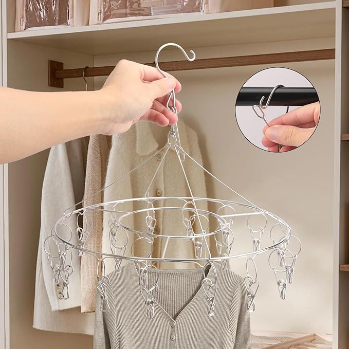 6 Pack 13 inch Round Stainless Steel Drying Rack with 20 Clips, Swivel Sock Drying Rack with Windproof Clips, Stainless Steel Clothes Hanger for Bras, Clothes, Sock & Underwear Towels