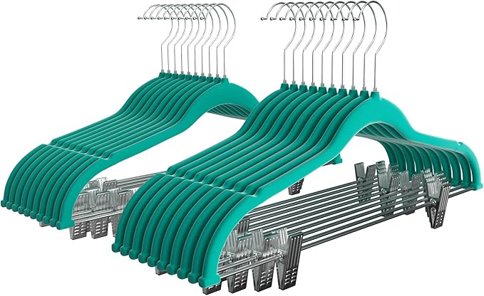 VECELO 20 Pack Velvet Clothes Hangers with Adjustable Clips,Heavy-Duty Non Slip & Space-Saving with 1 Magic Hangers & 2 Tie Rack for Suit Coat Pants Skirt Dresses