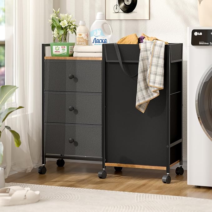 Laundry Hamper with Wheels, Laundry Sorter with Shelf and 3 Drawers, Total Capacity 123L/32.5 Gal (3 Drawers+Bags), Laundry Cabinet with Fabric Detachable Bags, Clothes Hampers for Bedroom Bathroom