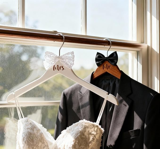 Mr. and Mrs. Wooden Bride Hanger, Wedding Dress Hangers for Bride with White Bow - Groom's Hanger with Black Bow Tie - Set of 2 (White + Vintage)