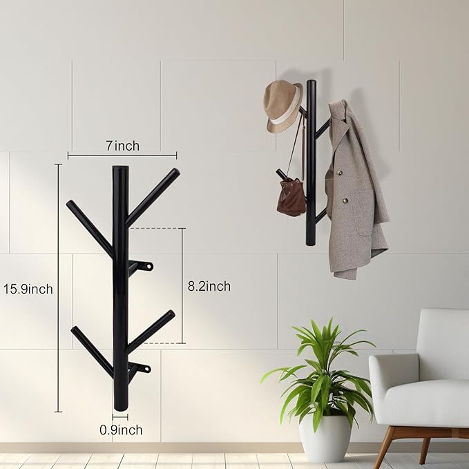 2-Pack Metal Vertical Coat Rack Wall Mounted,Modern Coat and Hat Rack,15.9 Inch Tree Coat Racks for Hats, Jackets, Bags, Clothes, Hats Entryway Bedroom,Living Room（Black）
