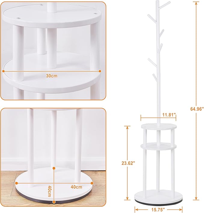 VECELO Coat Rack Freestanding, Entryway Hanger Stand, Umbrella Holder, Hall Tree With Hooks, Floor Standing Metal Tree Stand,White, Medium-sized