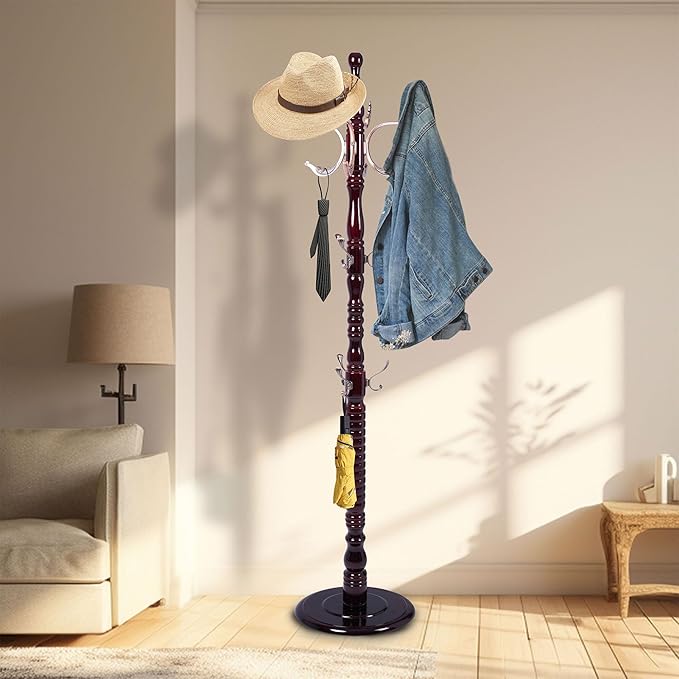 Solid Wooden Coat Rack Stand, Freestanding Coat Racks Tree with 20 Metal Hooks and 3 Adjustable Heights, Coat Hanger Stand with Sturdy Base for Coats,Hats,Bags, Living Room Bedroom Entryway Use