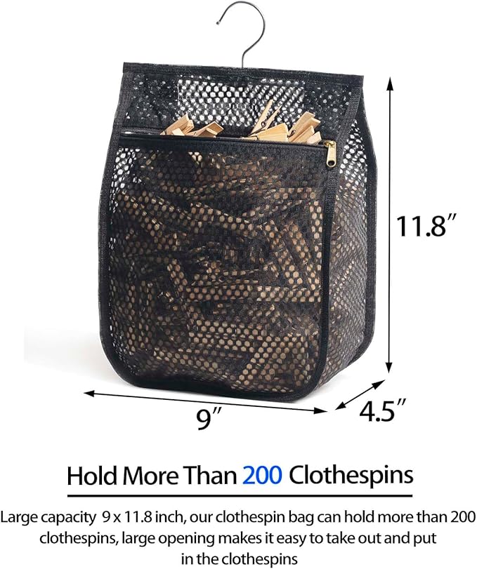 Mesh Clothespin Bag for Clothesline Outdoor, Clothes pin Bag with Zipper Closure, Large Opening, Large-Capacity Clothespin Storage Organizer with Hooks, Use YKK Zipper