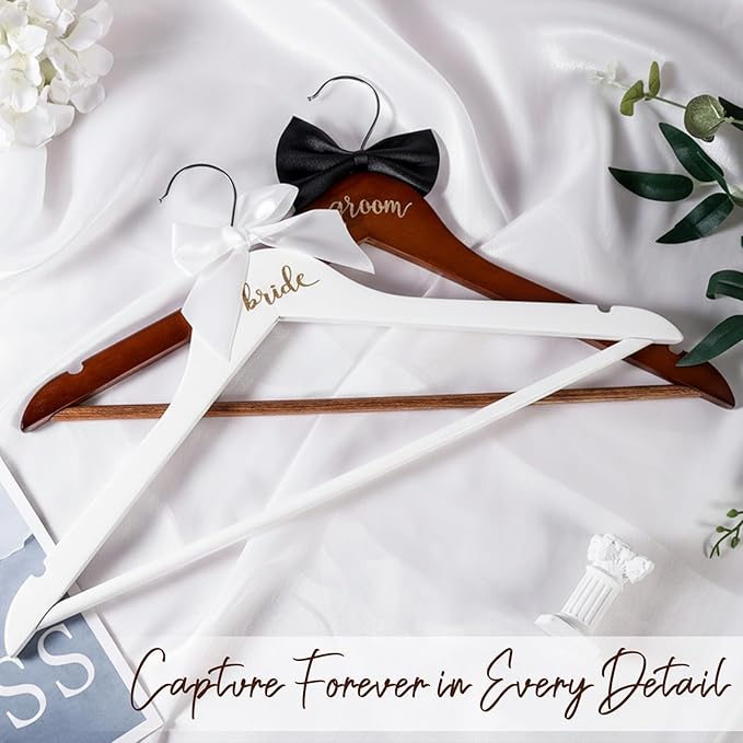 2 Pack Bride Hangers, Wedding Hanger, Bridal Hanger, Wooden Bride and Groom Wedding Dress Hangers with Attached Bow Tie, Bridal Shower Gifts, Bridal Tuxedo Suit Wedding Gift for Couples