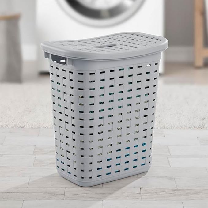 Sterilite Plastic Wicker Style Weave Laundry Hamper, Portable Slim Clothes Storage Basket Bin with Lid and Handles, Cement Gray, 8-Pack