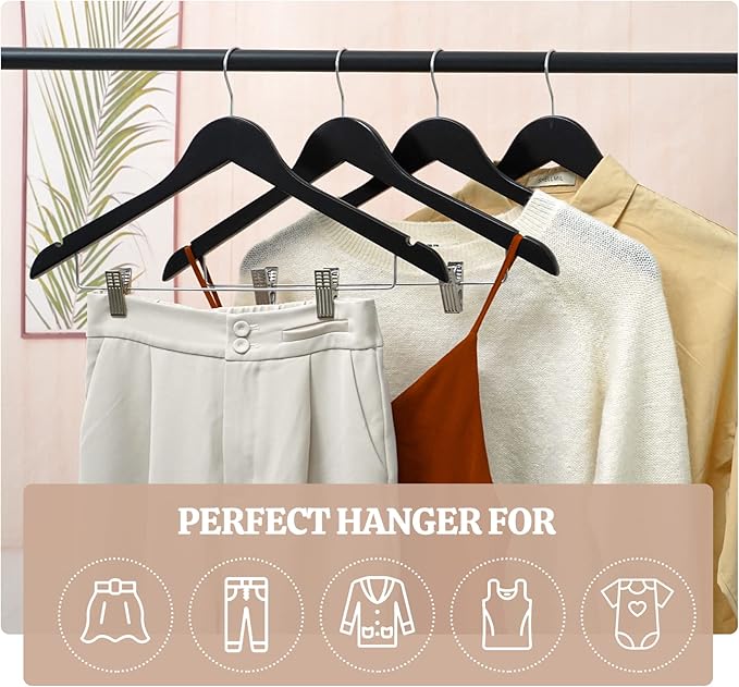 HOUSM Wooden Suit & Skirt Hangers with Heavy-Duty Clips, Premium Solid Wood Pants Hangers, Smooth Finish - Black, 16Pack for Coats, Jeans, Blouses