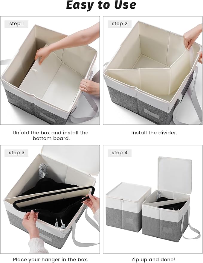 2-Pack Rigid Clothes Hanger Organizer Bag with Dust-Proof Lid, Hanger Storage Holder with Support Boards, Large Capacity Clothes Storage Containers with Handle for Closet Laundry Rooms