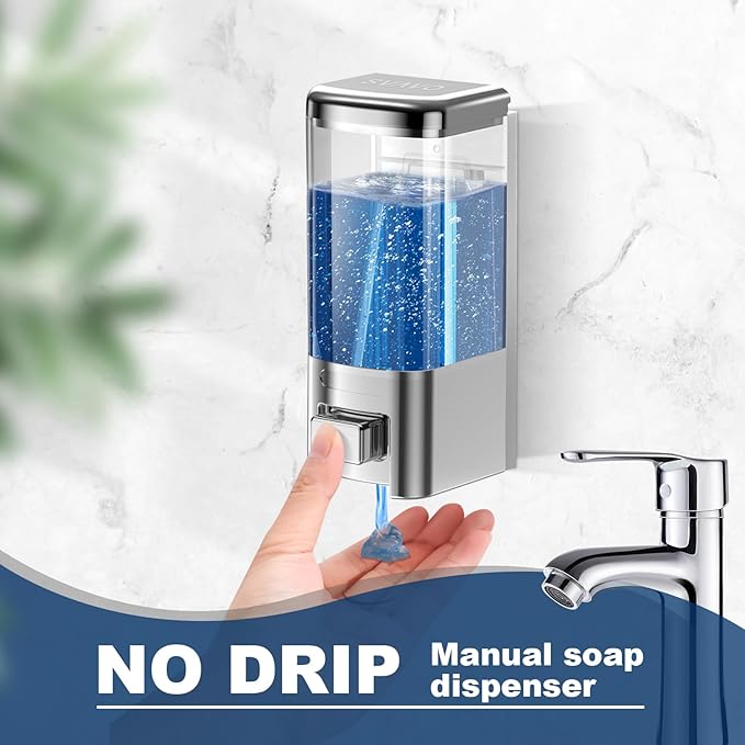 SVAVO Wall Mounted Soap Dispenser - Manual Kitchen Bathroom Hand Soap Dispenser with Anti-Leakage Nozzle Container for Liquid/Gel/Shampoo/Shower Gel/Lotion/Cleaner, 17fl.oz/500ml, Chrome&Clarity