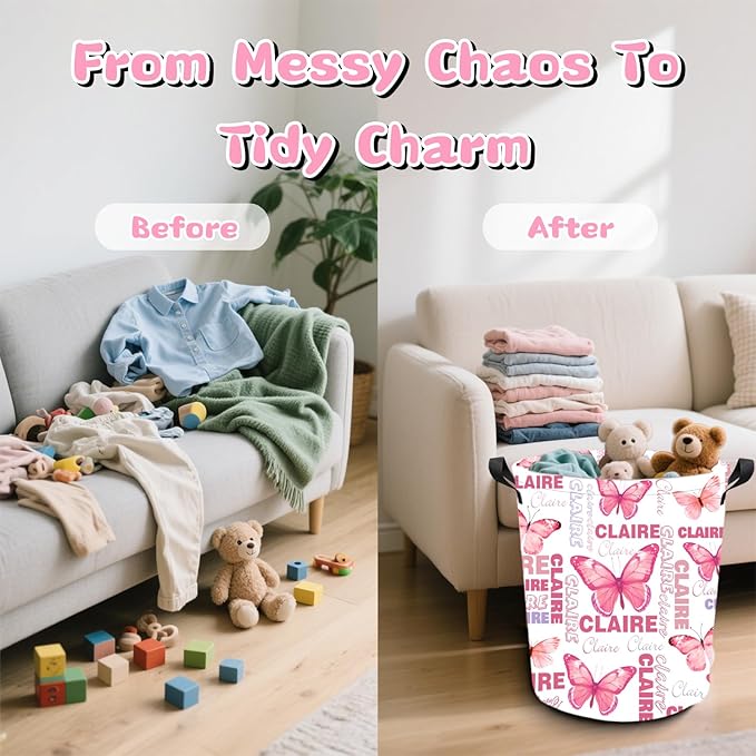 Personalized Laundry Hamper Custom Kids Dirty Clothes Hamper with Name Storage Basket for Bathroom Bedrooms Nursery for Baby Girls Boys Adults (Style-Butterfly)
