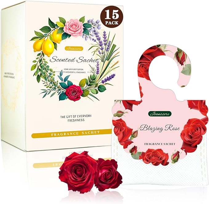 15 Packs Scented Sachets Bag for Drawers and Closets, Air Freshener for Home Fragrance Sachet, Long-Lasting Hanging Closet Deodorizer Smell Goods for House (Blazing Rose)