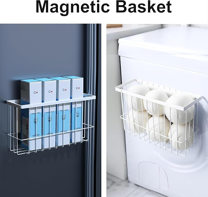 2 Pack Magnetic Basket, Dryer Ball Holder for Laundry Room Organization, Magnetic Lint Bin Storage Wool Dryer Balls and Socks, Lron Dryer Ball Container for Laundry Room Storage, White (No Balls)