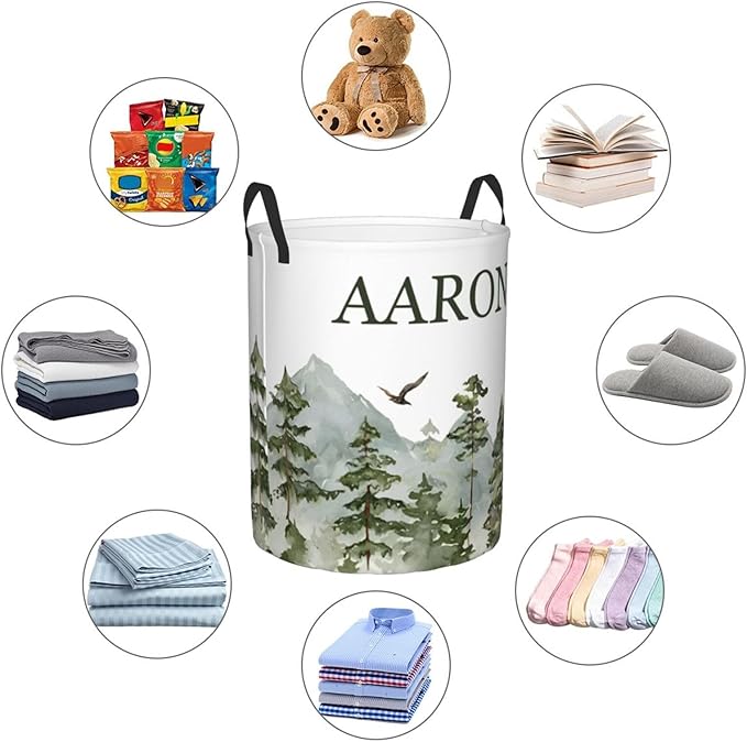 Personalized Laundry Basket for Nursery, Custom Nursery Laundry Hamper with Name, Customize Baby Clothes Circular Hamper for Boys Girls Room Decor, Mountain