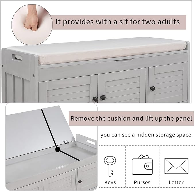 SOFTSEA Storage Bench with 3 Shutter-Shaped Doors, Entryway Shoe Bench with Removable Cushion and Hidden Storage, Wooden Storage Ottoman for Entryway, Living Room, Bedroom, Grey