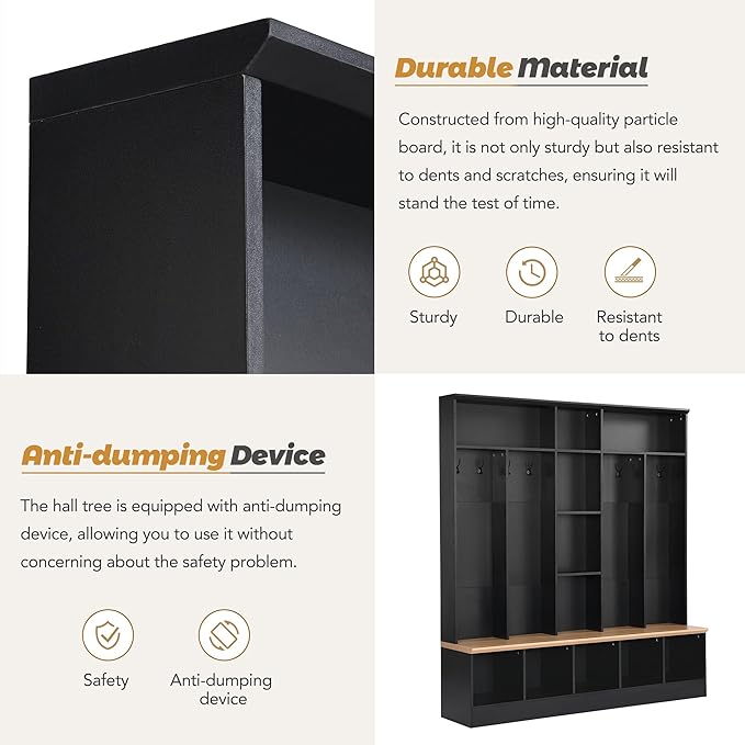 4-in-1 Wide Design Hall Tree with Storage Bench, Minimalist Shoe Cabinet with Cube Storage & Shelves, Multifunctional Coat Rack with 8 Hooks for Entryways Mudroom